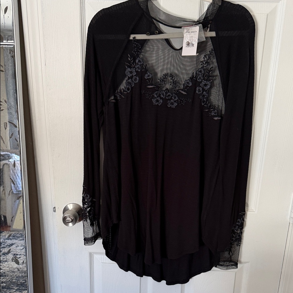 Free People black long sleeve top  embroidery details  sheer  S